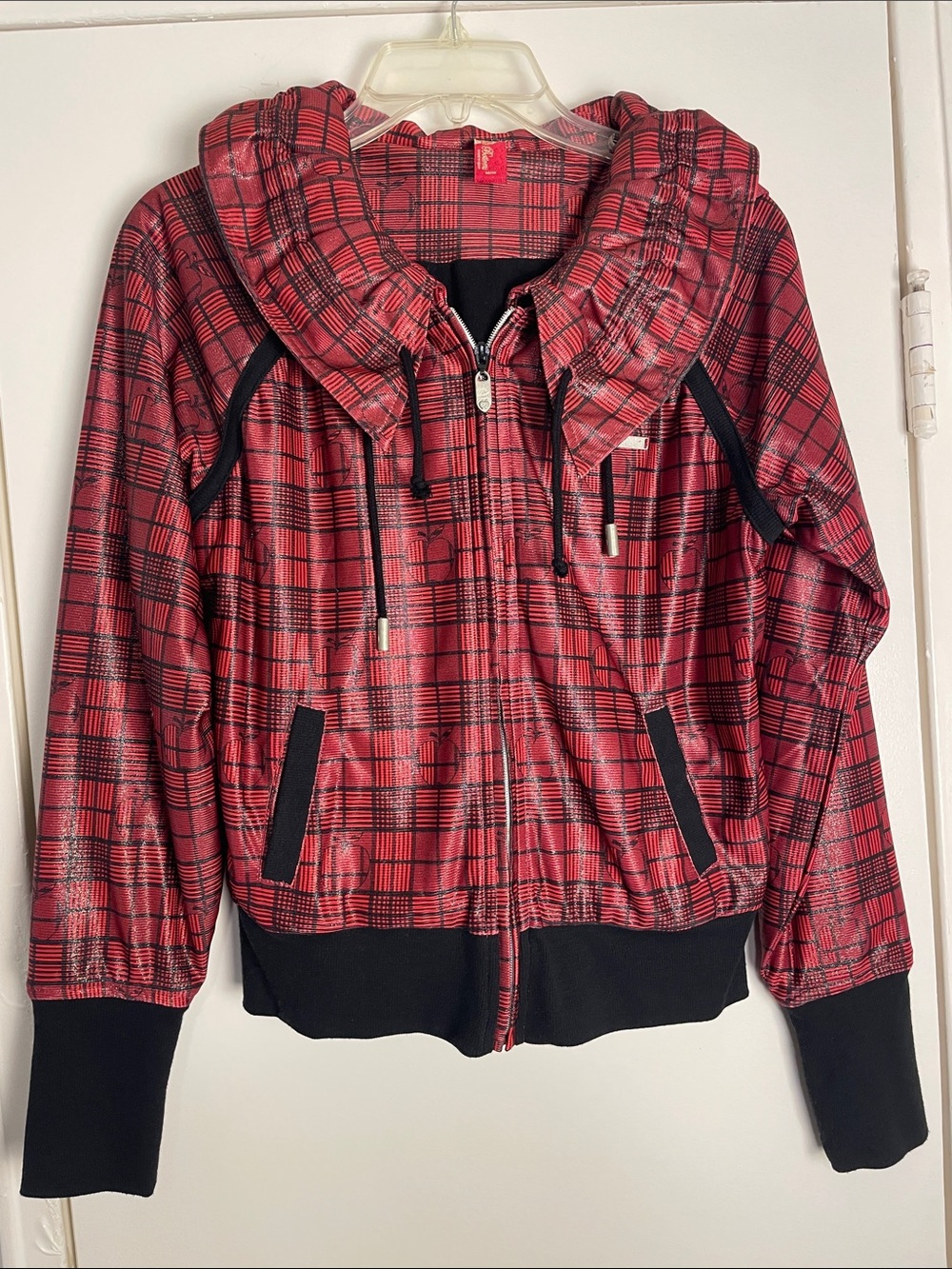 Apple Bottoms Red Plaid Hooded Bomber Jacket